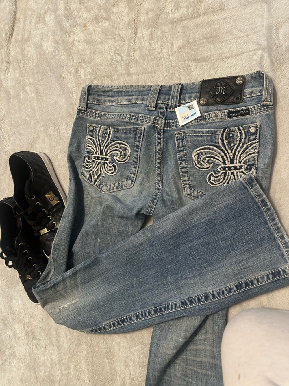 Miss Me Medium Blue Bootcut Jeans with Embroidered Fleur-de-Lis Pockets